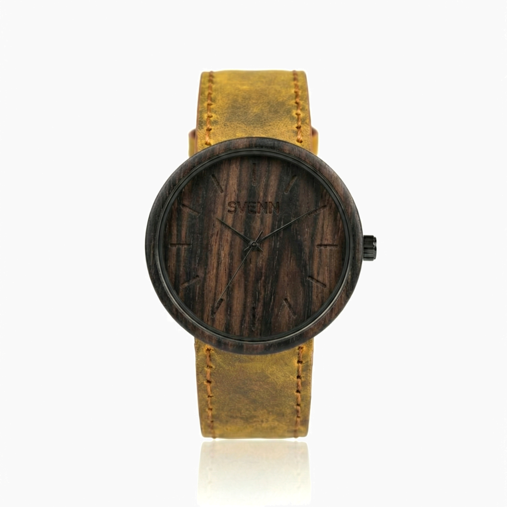 SVENN Terra Curry abanoz ağacı el yapımı siyah kol saati ve sarı deri kordon