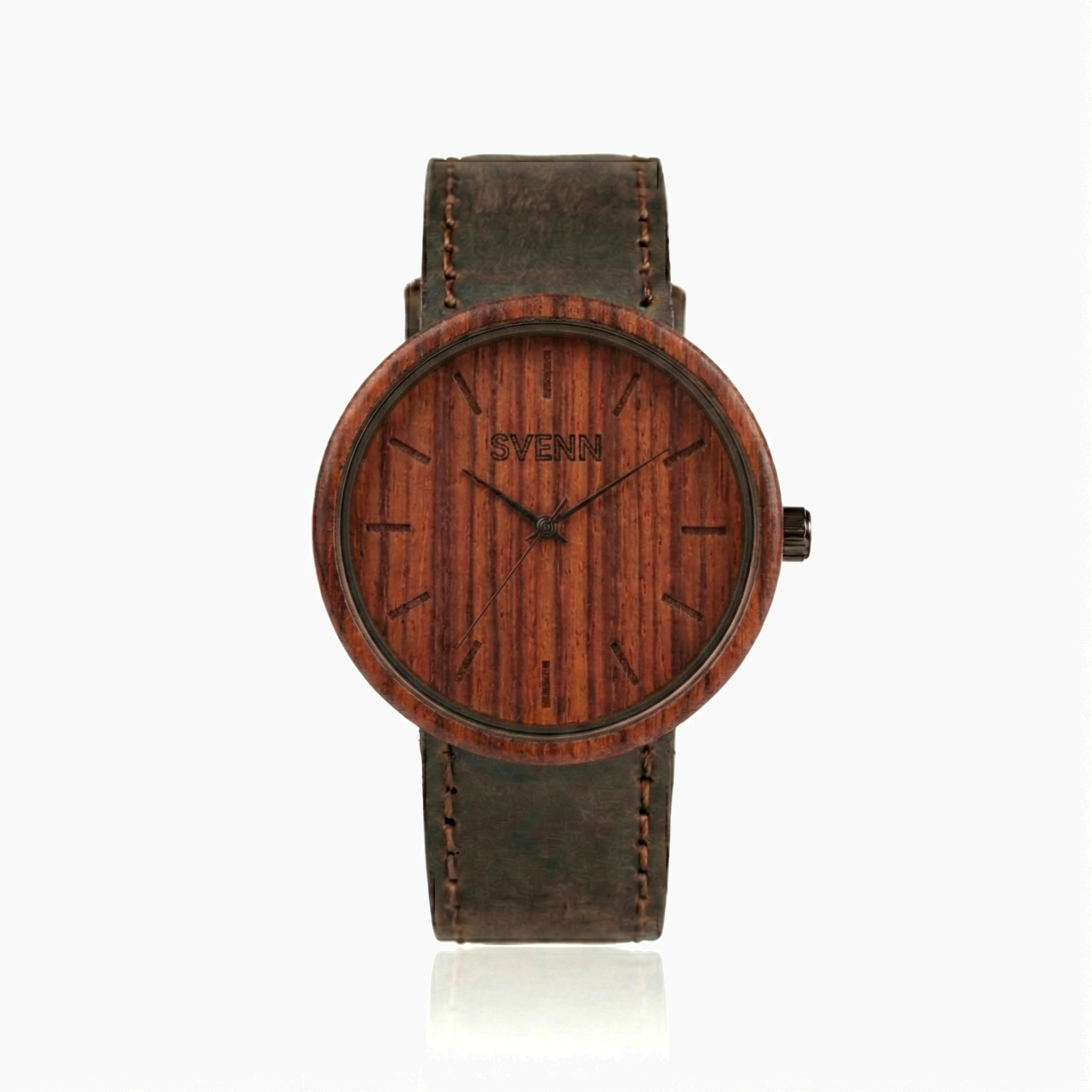 SVENN Terra Darkbrown paduk ağacı kızıl renkli el yapımı ahşap kol saati ve koyu kahverengi deri kordon
