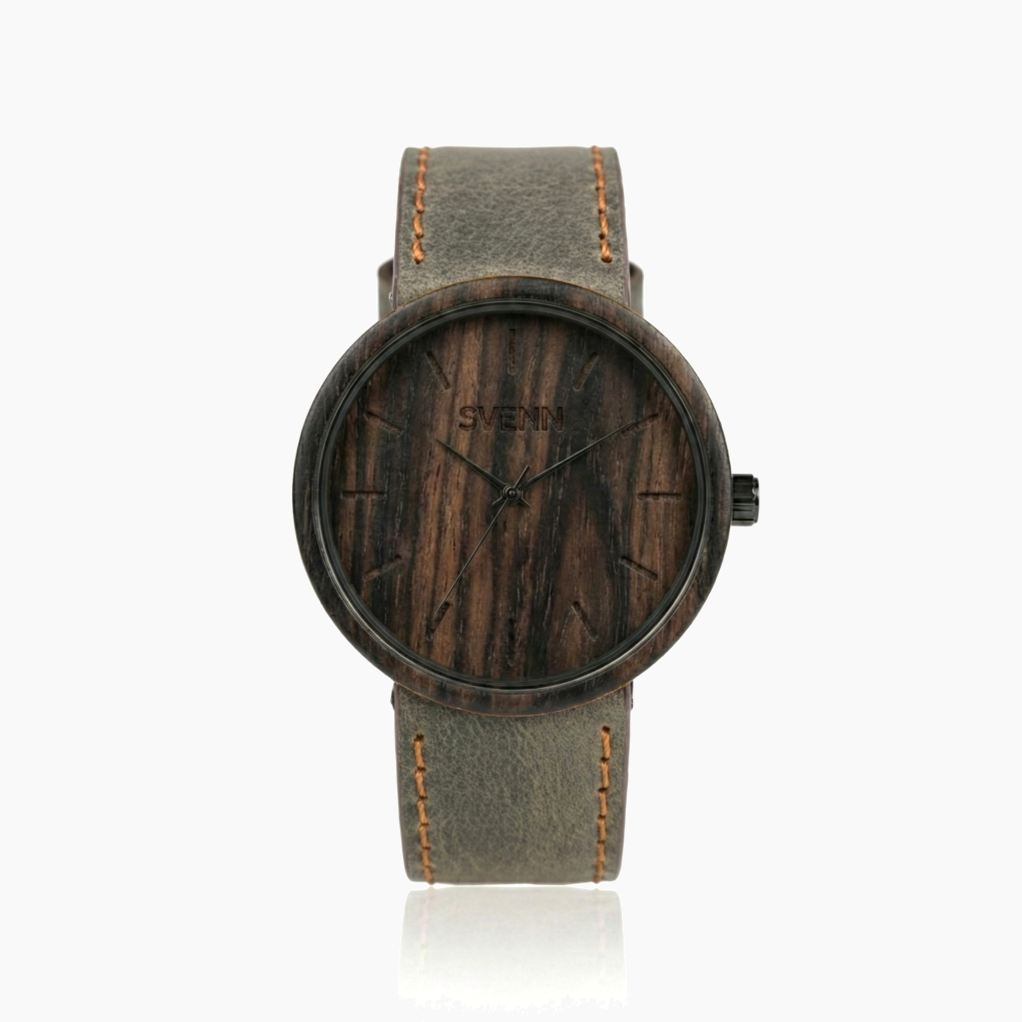 SVENN Terra Earth abanoz ağacı el yapımı siyah kol saati ve toprak grisi deri kordon