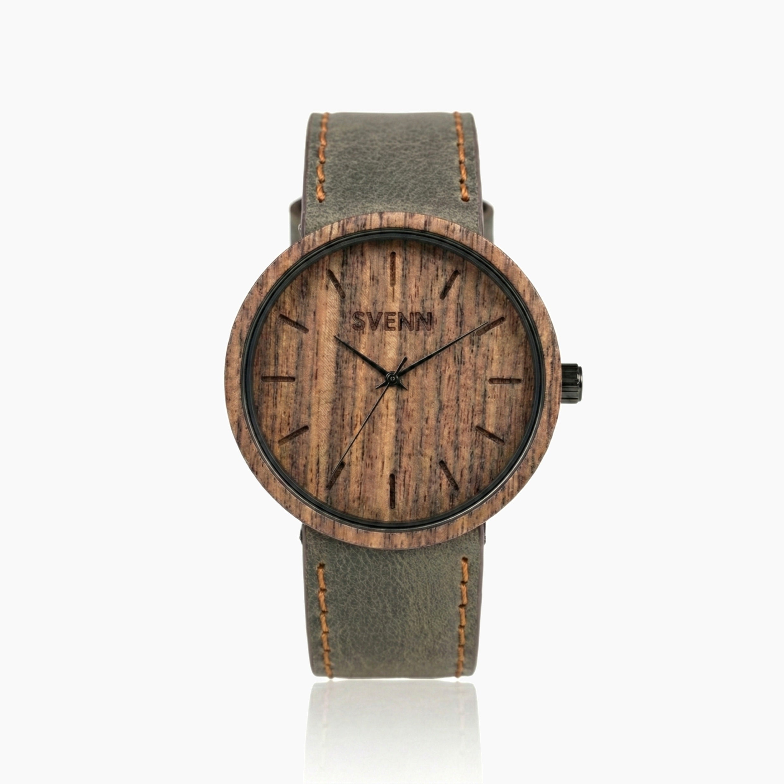 SVENN Terra Earth ceviz ağacı el yapımı kol saati ve toprak grisi deri kordon