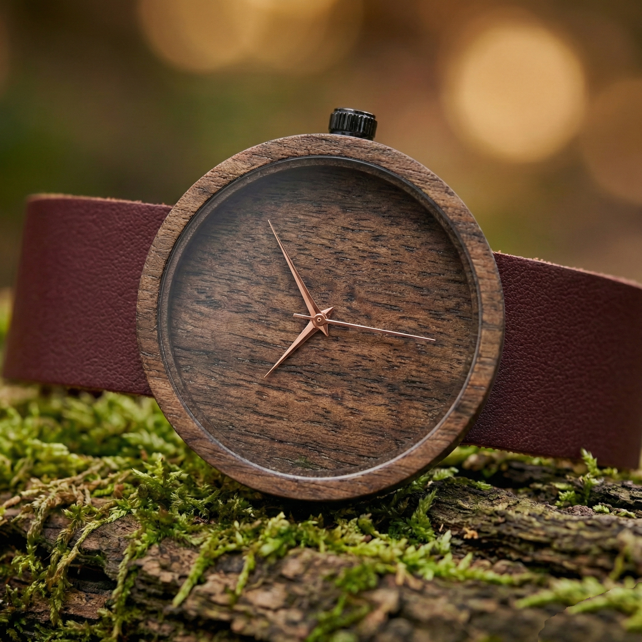 Ahşap saatin yakın plan çekimi; ceviz ağacının doğal damarlı dokusunu, kordon kalitesini ve minimalist tasarım detaylarını gösteriyor.