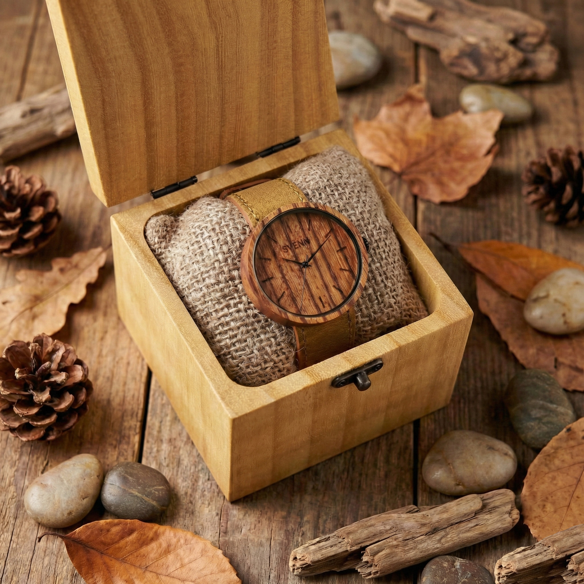 Özel kutusunda sergilenen Svenn marka ahşap saat.