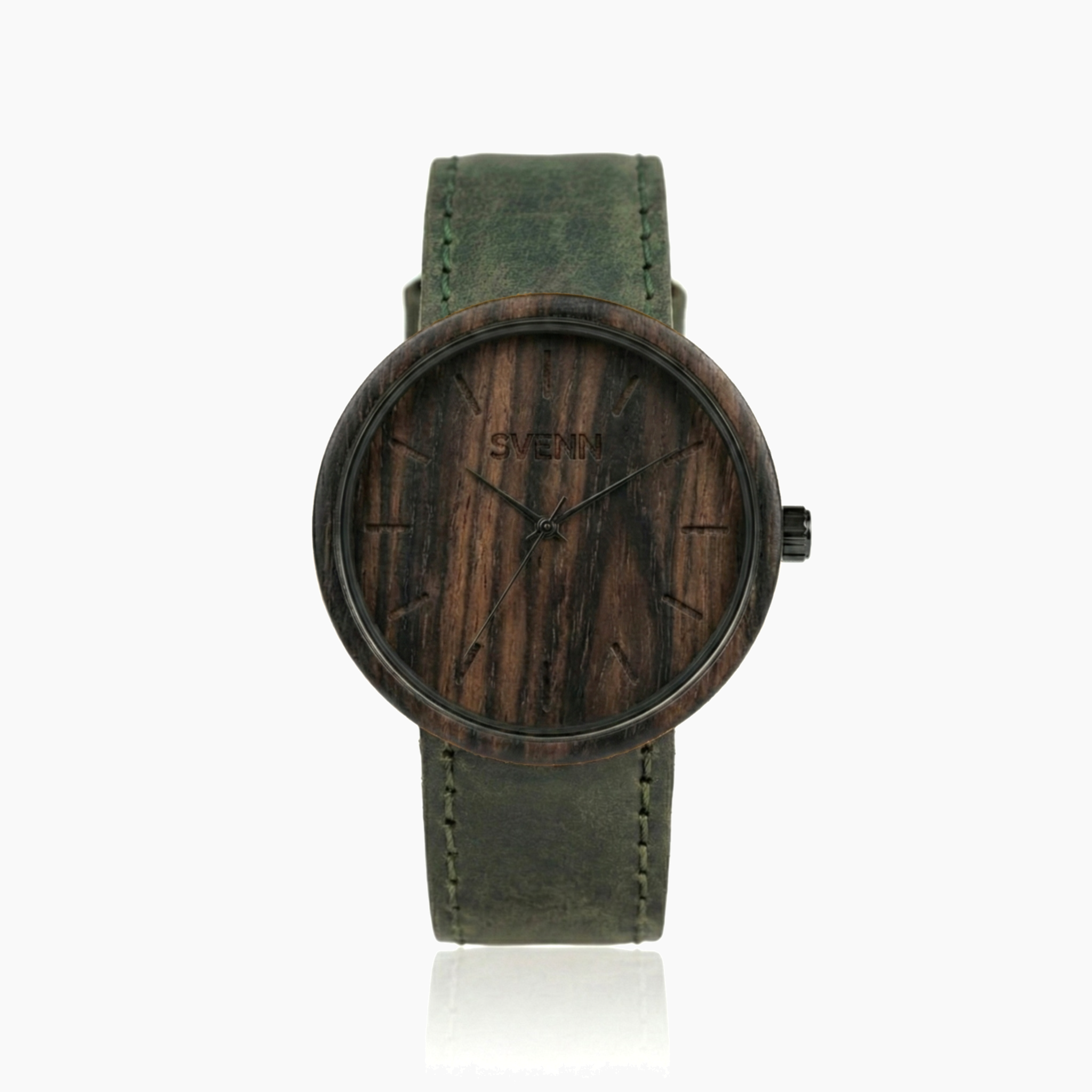 SVENN Terra Khaki abanoz ağacı el yapımı siyah kol saati ve vintage haki yeşil deri kordon