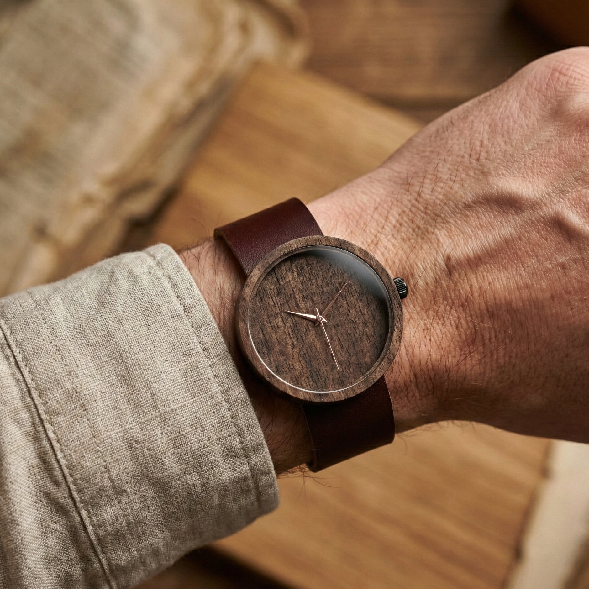 Bir erkeğin bileğinde duran, doğal ceviz ağacı kasalı ve sade minimalist kadranlı Gaelic model ahşap kol saati. Günlük kullanım görünümü.