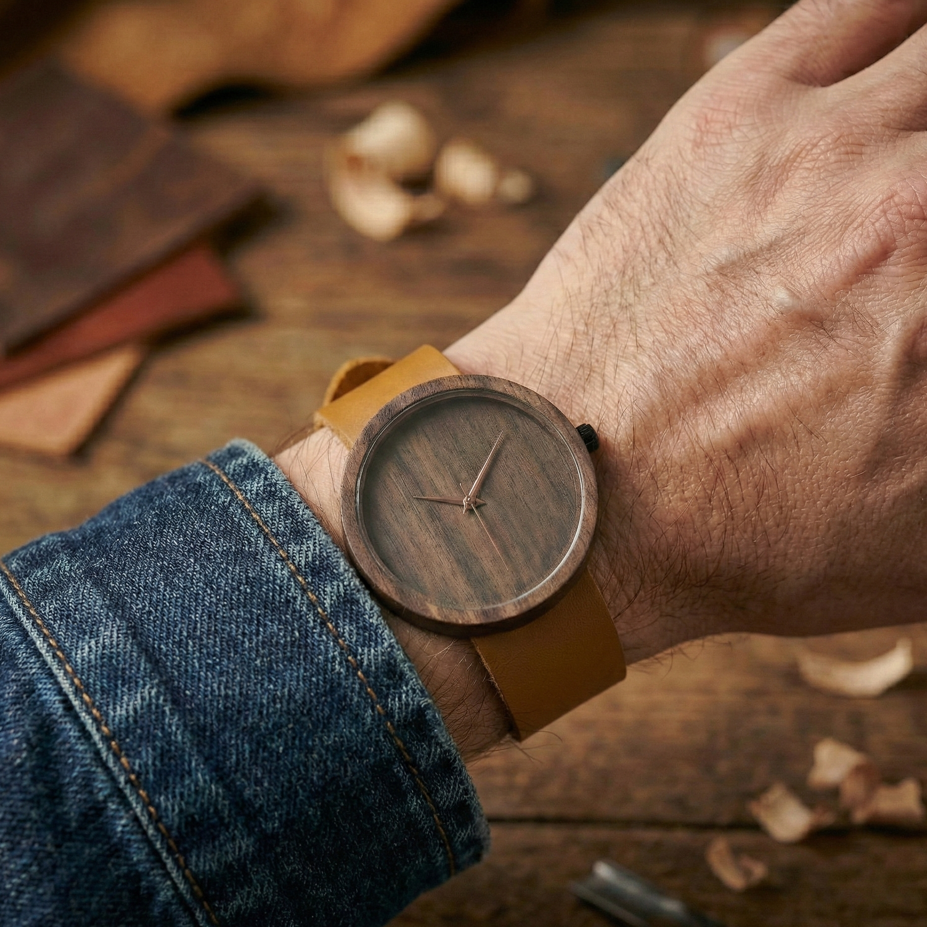 Hem ofis hem de günlük giyimle uyumlu, bilekte zarif ve hafif duran sade erkek saati Svenn Affogato'nun kullanım örneği.