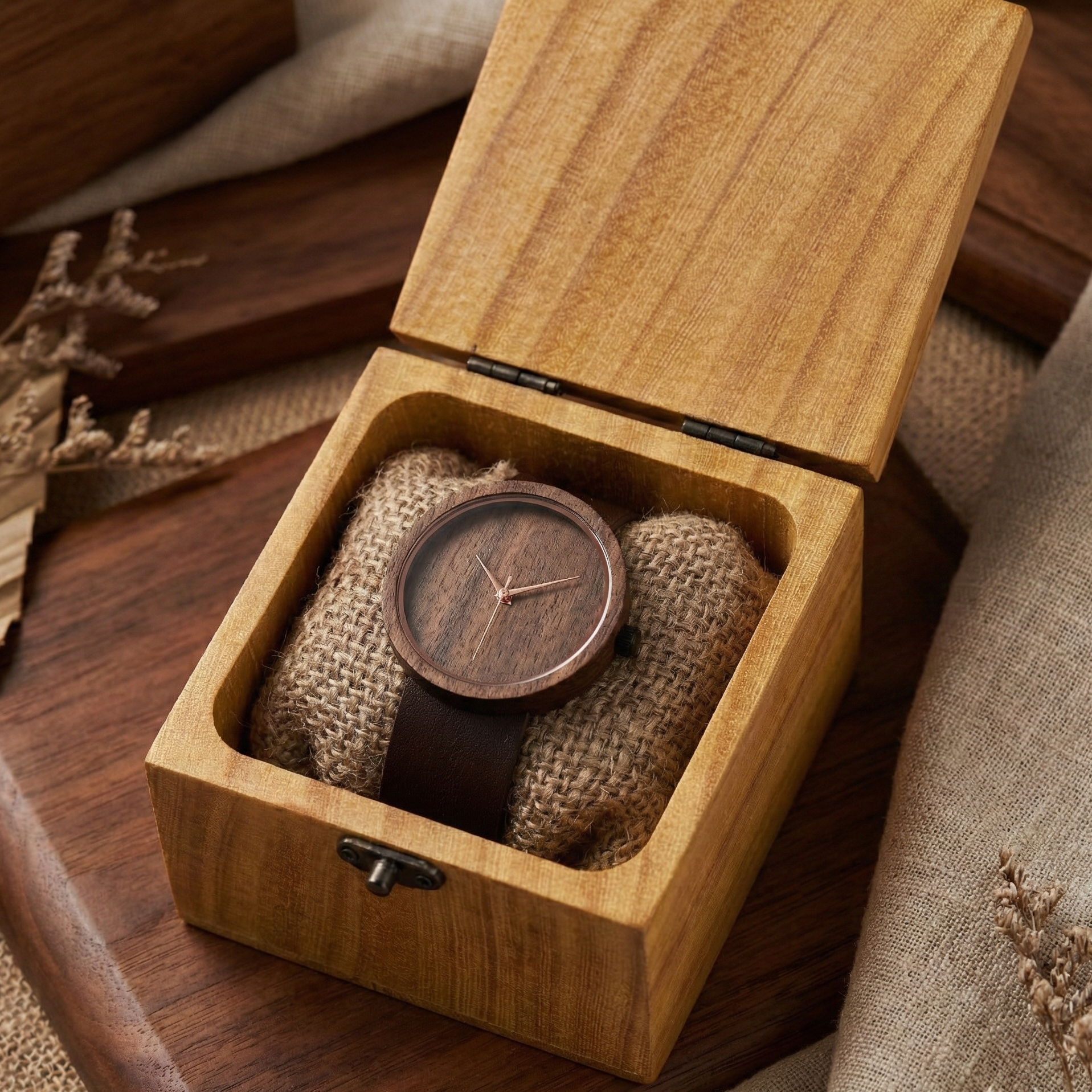 Koyu renk seven erkeğe hediye alternatifi; özel kutusunda Svenn Minimalist Mocha ahşap saat.
