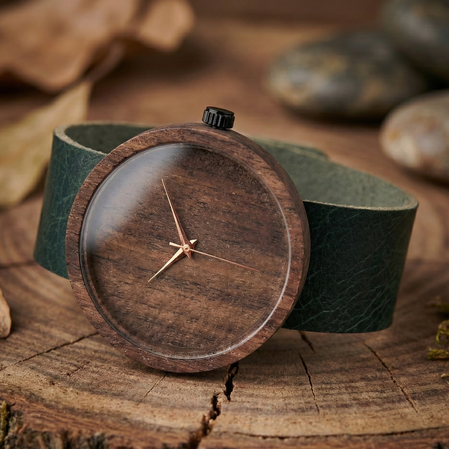 Göz yormayan sade tasarımıyla yaz sadeliğini yansıtan, ceviz ağacı kasalı minimalist yazlık erkek saati.