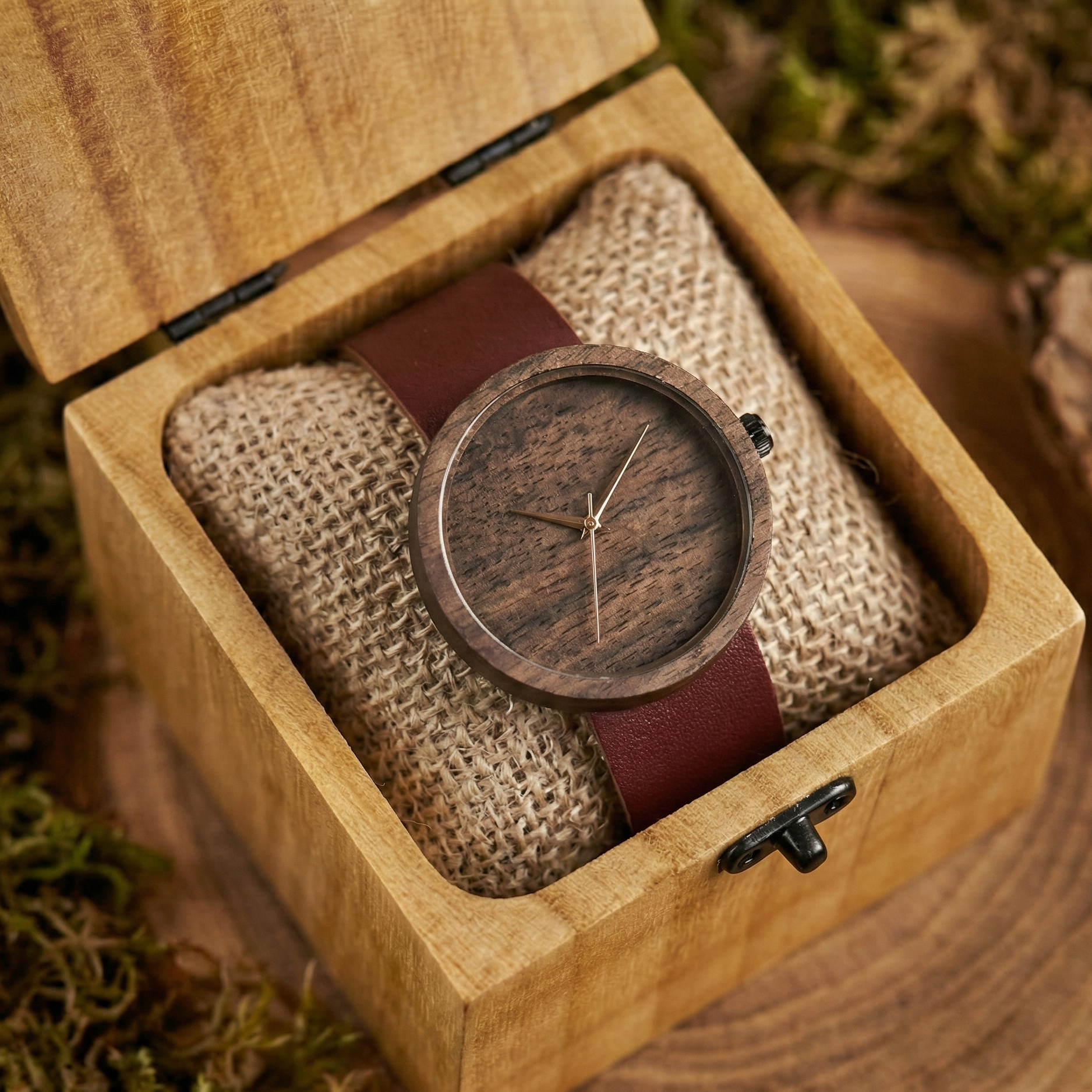 Şık, özel tasarım bir hediye kutusu içinde sunulan Minimalist Gaelic model ceviz ağacı erkek kol saati.