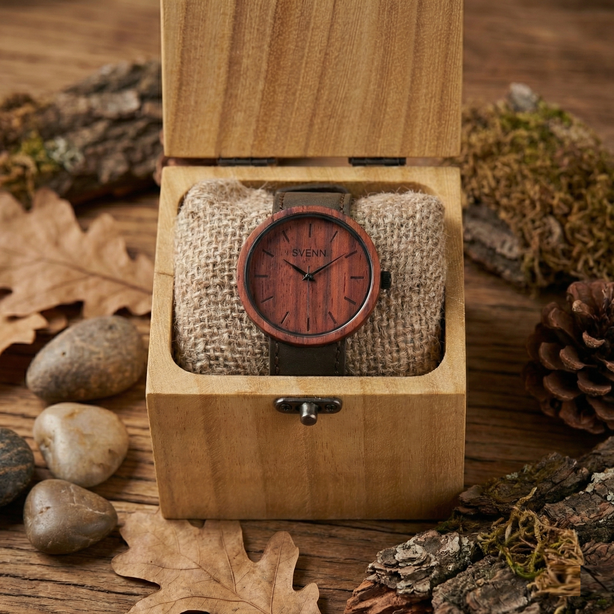 Özel günlerde tercih edilebilecek, el işçiliği hissi veren paduk ağacı erkek saati.