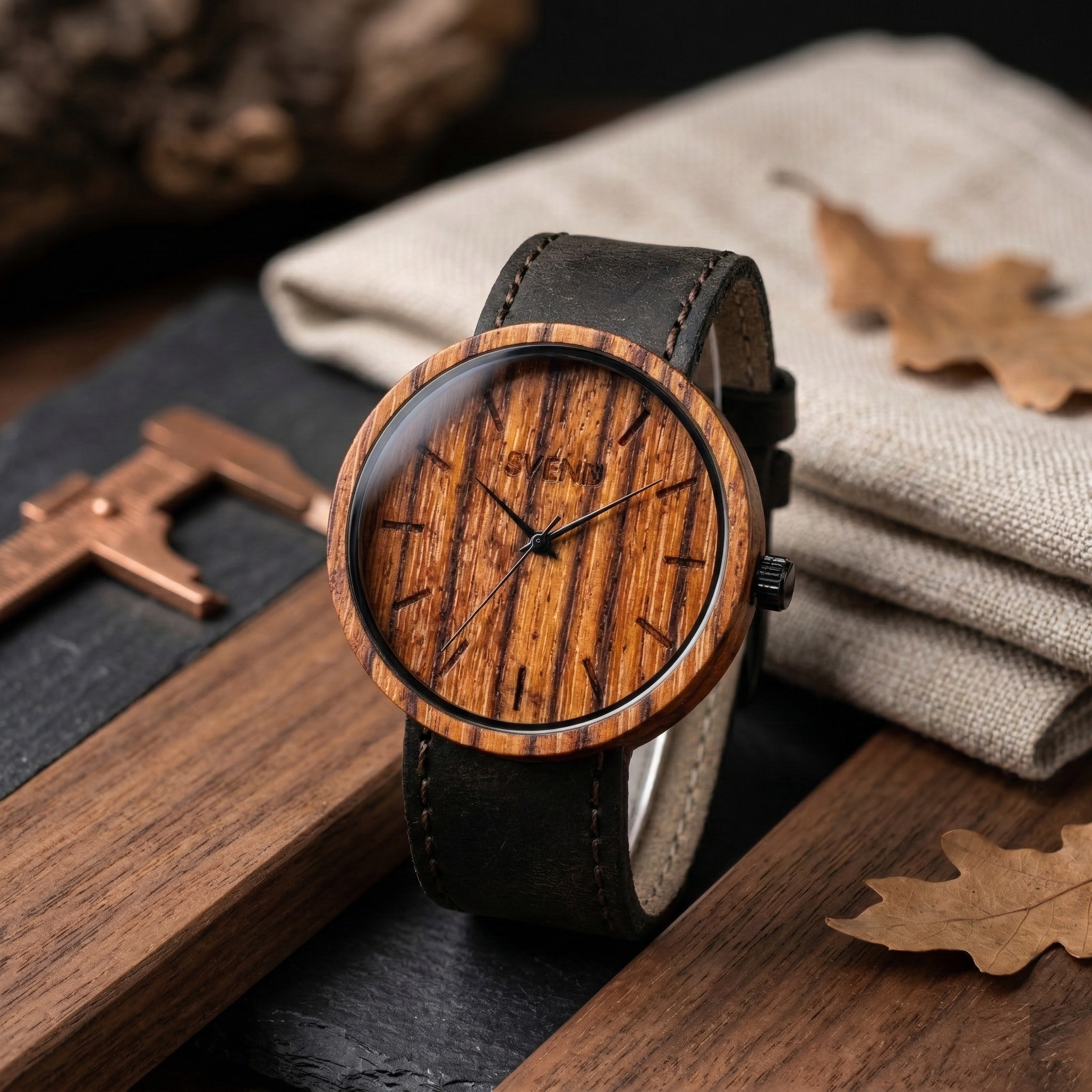 Sıradışı ve egzotik erkek kol saati: Koyu kahve kordon ahşap tasarım.