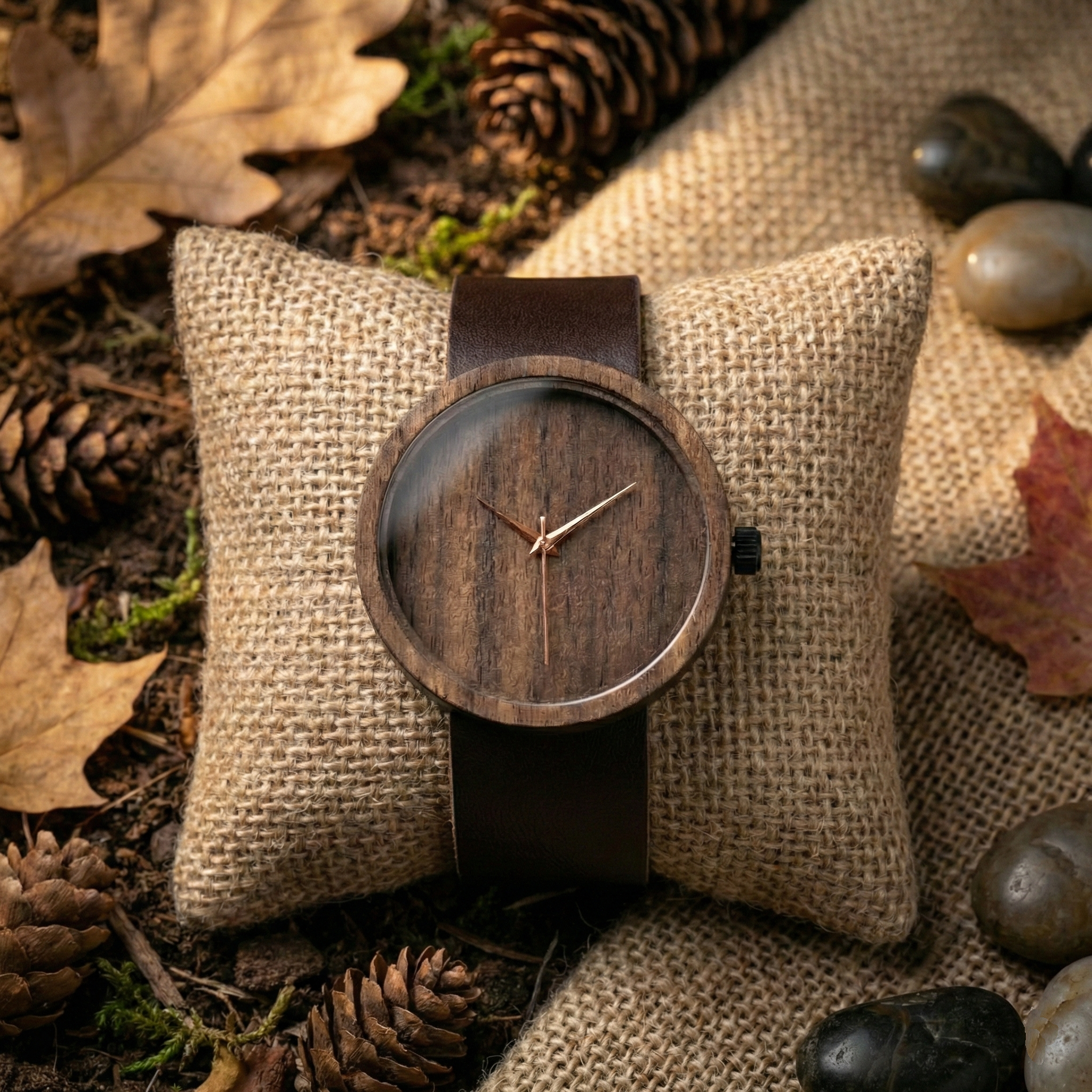 Minimalist ve modern hatlara sahip, koyu renk seven kadınlar için tasarlanmış Svenn Pure Mocha ceviz ağacı saat.
