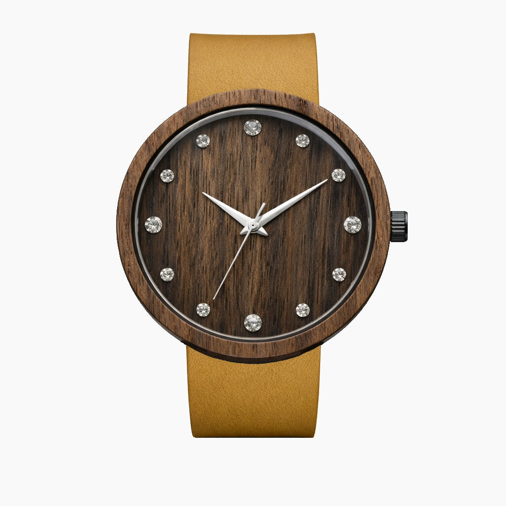 Svenn Shiny Affogato modeli, doğal ceviz ağacı kasa ve minimalist kadran tasarımına sahip kristal taşlı saat.